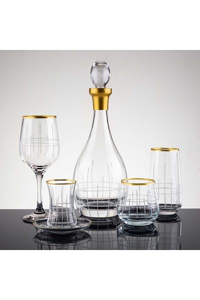 sudeka 31 Piece Plaid Gold Hand Decorated Cut Glass Water Set for 6 People