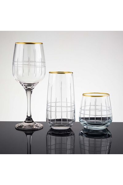 sudeka 31 Piece Plaid Gold Hand Decorated Cut Glass Water Set for 6 People