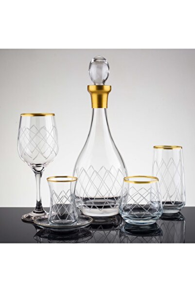 sudeka 61 Parça 12 Kişilik Kare Gold El Dekor Kesme Cam Su Takımı???????