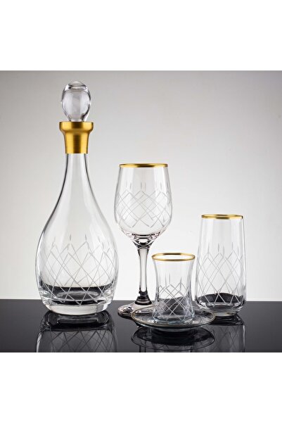 sudeka Kareçubuk Gold El Dekor Kesme Cam Su Takımı 49 Parça 12 Kişilik