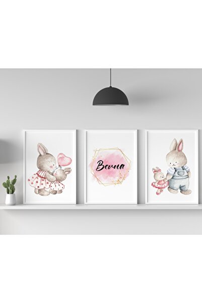 uckanlar 3'lü Poster Tasarımı, Afiş, Tablo, Çocuk Odası, Bebek Odası, Tavşan, Sevimli, Beyaz Çerçeveli