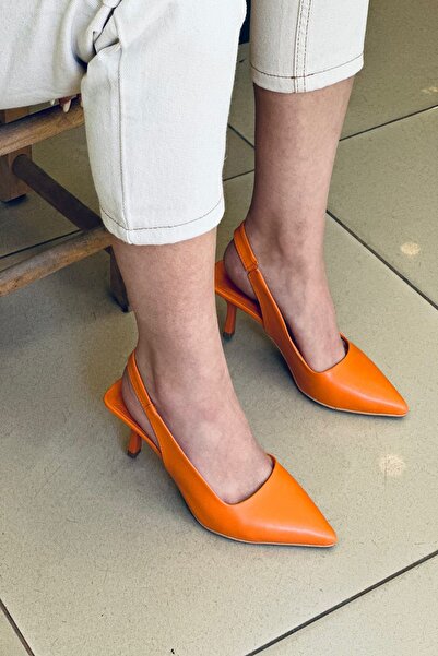Rainon Store Orange Leather Closed-Front Women's Heeled Shoes