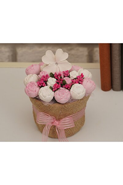 StoneGiftDesign Pembe Beyaz Tomurcuk Güller Yonca Detaylı Kokulu Taş Çiçek Ar...