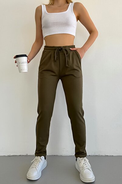 LACHT Women's Khaki Steel Knitted Luxury Double Leg Basic Lycra Trousers