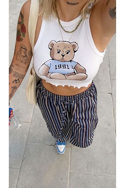 Bengi Clothing 1991 Printed White Bear Crop Top - Κολάρο Halter