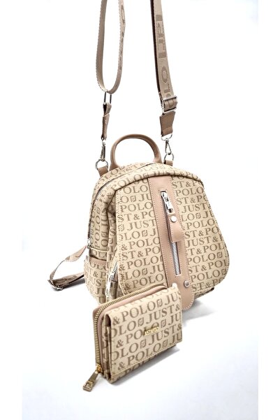 Just Polo حقيبة كتف نسائية من Sand Monogram مطبوع وحقيبة يد مدمجة