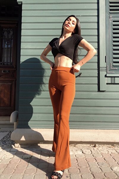 KaSheHa Kadın Kiremit Ispanyol Paça Likralı Pantolon 100 Cm