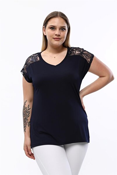 Seamoda V-Neck Shoulder Sequin Embroidered Blouse-navy blue