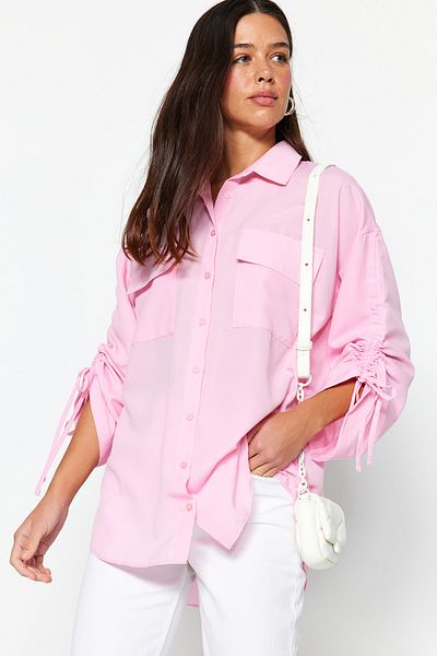 Trendyol Modest Világos rózsaszín ujjú, állítható húzózsinórral részletesen szőtt pamut ing TCTSS23TG00011