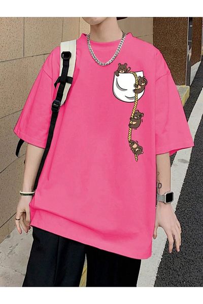Keywest Βαμβακερό μπλουζάκι Unisex Oversize με στάμπα με αρκουδάκι τσέπης
