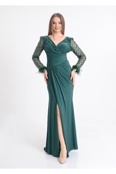 SpringStore Rochie de seara cu maneci smarald cu paiete