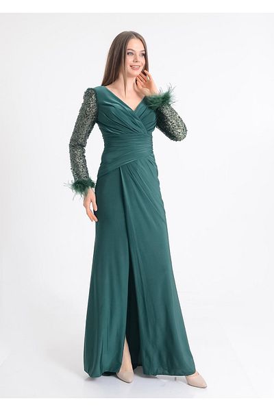 SpringStore Rochie de seara cu maneci smarald cu paiete
