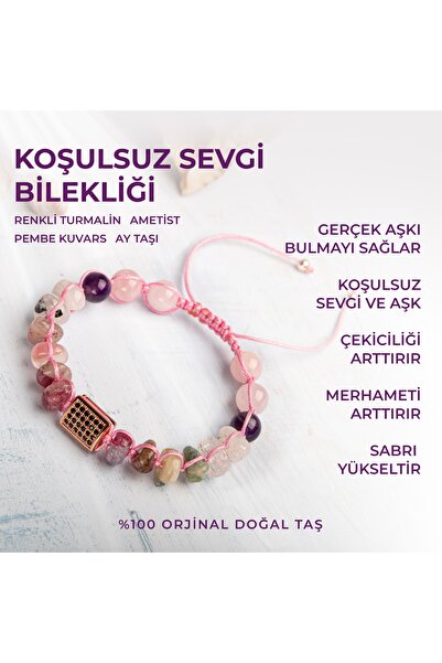 Deniz Doğal Taş Sertifikalı Koşulsuz Sevgi Bilekliği Turmalin Pembe Kuvars Am...