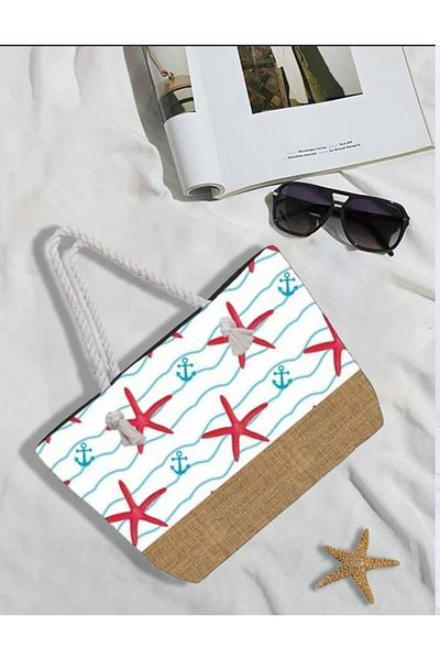 Keywest Τσάντα παραλίας με φερμουάρ με μοτίβο White Starfish (50X33)