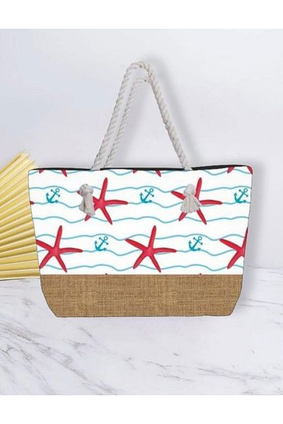 Keywest Τσάντα παραλίας με φερμουάρ με μοτίβο White Starfish (50X33)