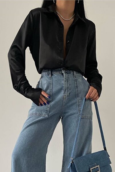 lovebox Women's Black Oversize Satin Shirt 23S18003