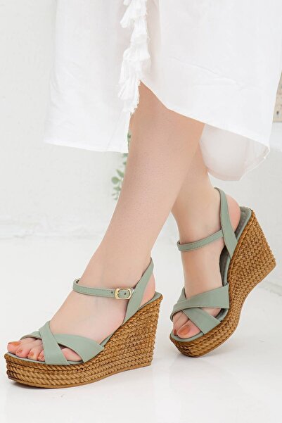 GULT Sandale încrucișate cu toc cu pană pentru damă, verzi