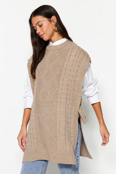 Trendyol Modest Steinfarbener geflochtener Strickpullover mit Bindeband an der Taille TCTAW22UV0018