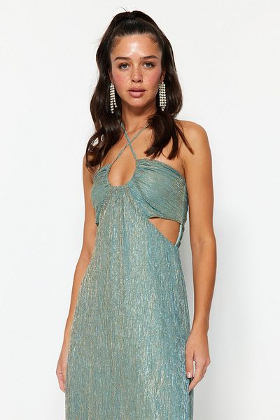 Trendyol Collection Μέντα A-Cut μακρύ βραδινό φόρεμα - Glitter Cut Out Detail, TPRSS23AE00211
