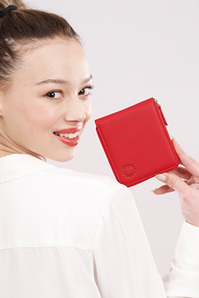 CüzCan Unisex Kırmızı Miami Yatay Fermuarlı Bozuk Para Hazneli Gerçek- Hakiki Deri Cüzdan(ERKEK-KADIN)