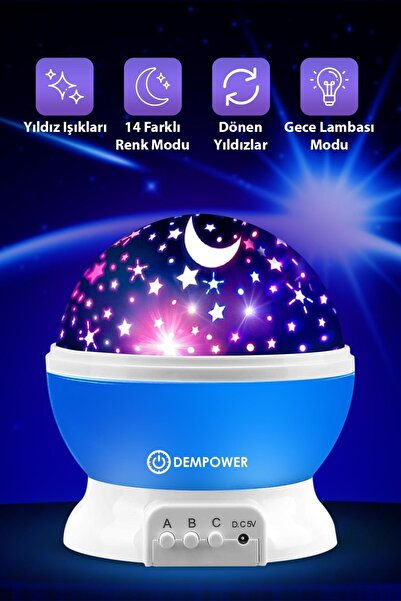 MUJGAN Küre Renkli Yıldızlı Gökyüzü Projeksiyon Gece Lambası Mavi