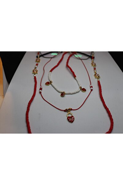 CHIC Kırmızı Beyaz Kaplumbağa Incili Gözlük Ipi Ve Uğur Böcekli Gold Kalp Fim...