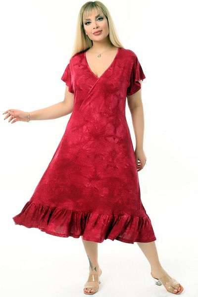 Kheos Kravuze V-Neck Short Sleeve Skirt Ruffled Batik Washed Flexible Comfortable Lycra Dress