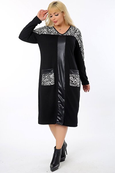 Kheos Φόρεμα με μοτίβο ζέβρας, δερμάτινο με λεπτομέρεια, λαιμόκοψη σε σχήμα V...