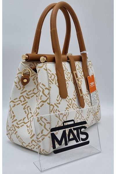 DSN Chain Patterned Lockable Hand and Shoulder Bag Cream Tan
