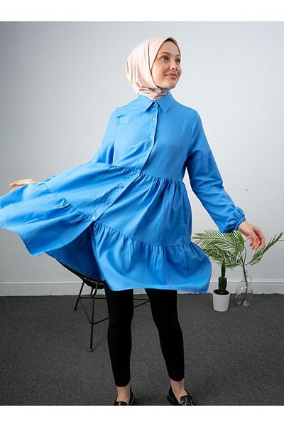 Por La Cara Casual Shirt Tunic - Front Buttoned, Two Piece, Saxe Blue