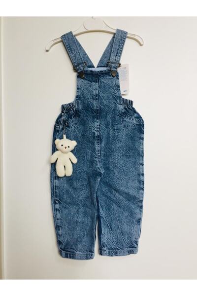 GÜNEŞ KİDS Ayıcık Aksesuarlı Ünisex Kot Salopet Bahçivan Çocuk Tulum