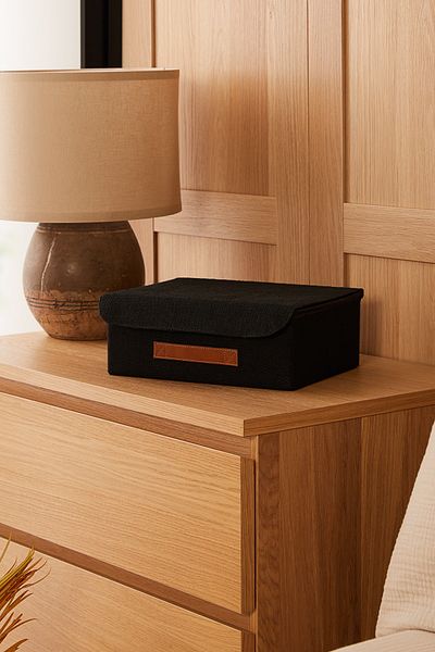 Ocean Home Textile 30x23x11 Basket - Black Jute Lid Cabinet Drawer and Laundry Folding Storage Box