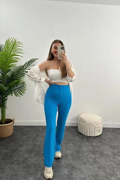Winmoda34 Pantaloni Palazzo de damă cu talie ultra înaltă, cusuți în față