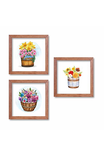 TrendTablom Bahar Çiçekleri Saksılı Ahşap Çerçeveli Duvar Dekor Tablo Pano Seti