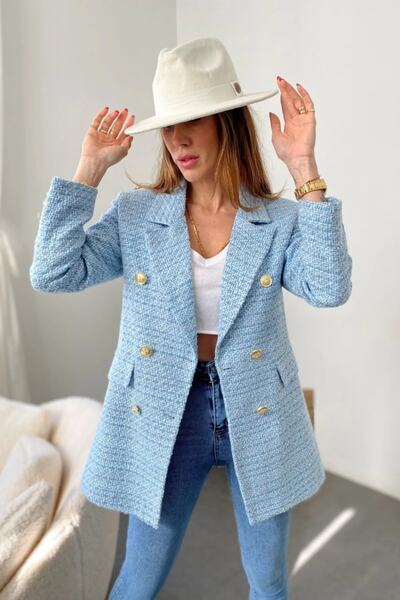 İROSH Astarlı Mavi Düğmeli Tüvit Blazer Ceket