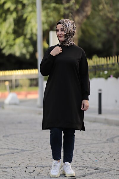 Kadın Siyah Tesettür Büyük Beden Pamuklu Sweatshirt