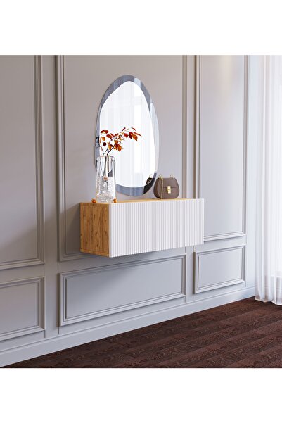 subahome Ahşap Görünümlü Beyaz Kapaklı Çok Amaçlı Duvara Monte Makyaj Masası Dresuar Tv Ünitesi