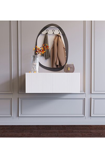 subahome Ahşap Görünümlü Beyaz Kapaklı Çok Amaçlı Duvara Monte Makyaj Masası Dresuar Tv Ünitesi