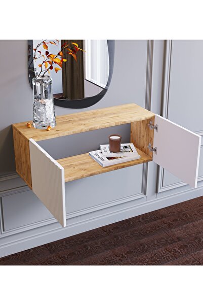 subahome Ahşap Görünümlü Beyaz Kapaklı Çok Amaçlı Duvara Monte Makyaj Masası Dresuar Tv Ünitesi