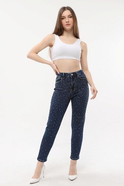 Gold Westpoint Blugi boyfriend cu talie înaltă strălucitori, albastru închis, cu bijuterii