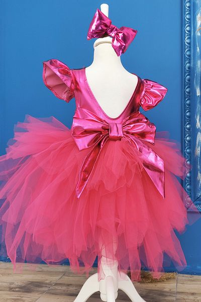 Shecco Babba Fuchsia Pink Bow Tutu Birthday Dress, Bandana and Tutu Bag Set, Children's Evening Dress