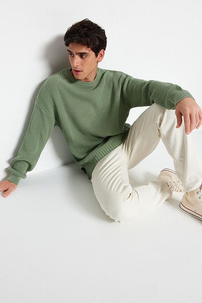 Trendyol Collection Mintfarbener, übergroßer Unisex-Strickpullover – Rundhalsausschnitt, Schlitz, weite Passform TMNAW21KZ0552