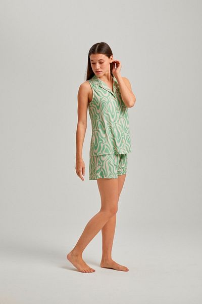 Pamuk & Pamuk Green Wave Pattern Short Sleeve Buttoned Shorts Set