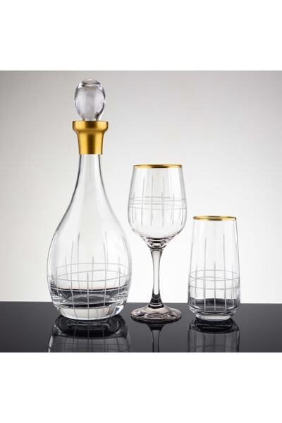 sudeka 25 Parça 12 Kişilik Ekose Gold El Dekor Kesme Cam Su Takımı???????