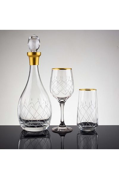 sudeka Kareçubuk Gold Hand Decorated Cut Glass Water Set 25 Pieces for 12 People