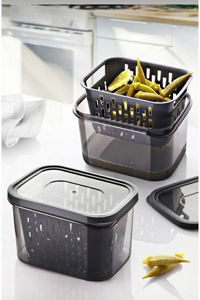 AHİR TİCARET Deep Storage Container with Strainer - Leakproof Olive Bowl and Pickle Bowl 1.6 Liter (Piece of 2)