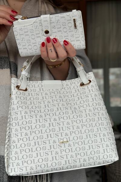 Just Polo حقيبة كتف وحقيبة يد نسائية مضفرة مكونة من 4 أقسام 92180- مجموعة بيض...