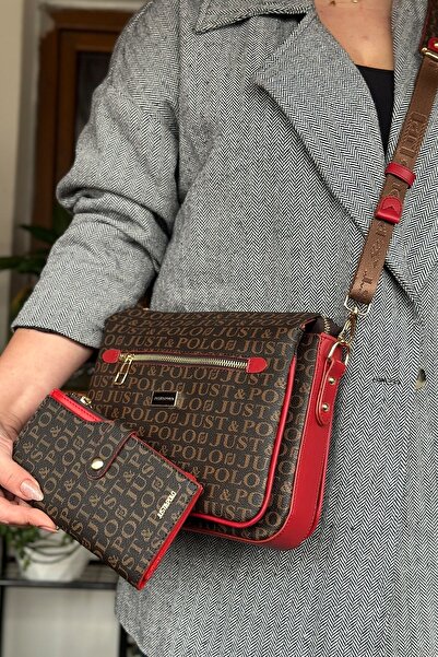 Just Polo Red Combination Color 5 Compartment Women's Shoulder Bag 29cm 20 Cm 10 Cm 2068-str