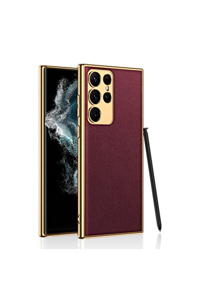 Rivor Samsung Galaxy S23 Ultra Kılıf Deri Görünümlü Kenarları Altın Renkli El...