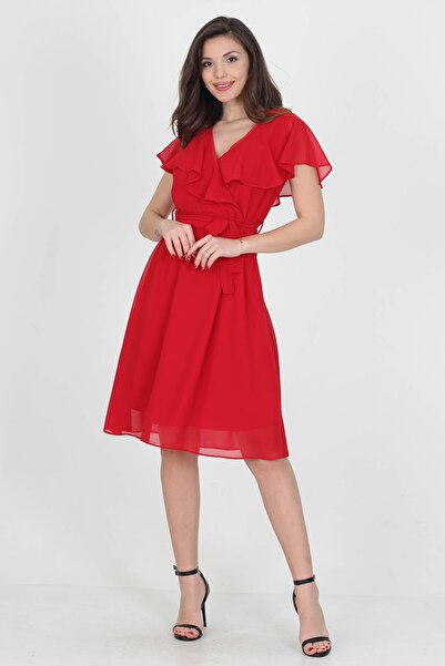 XXL BUTİK Kadın Kruvaze Yaka Bağlama Detaylı Yeni Sezon Şifon Elbise Btq030